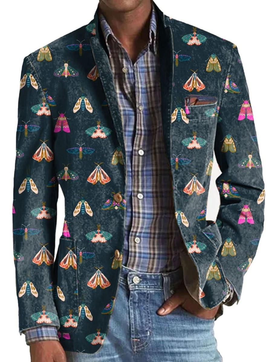 Men TH Print Jacket | Retro Insect Print Lapel Three-Pocket Casual Blazer Green