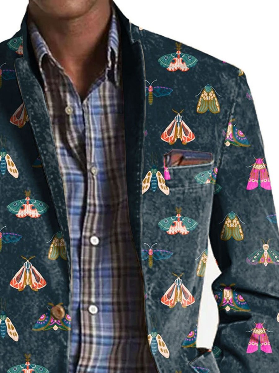 Men TH Print Jacket | Retro Insect Print Lapel Three-Pocket Casual Blazer Green