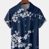 Men HLJ Shirts | Ukiyo-E Plum Chest Pocket Short Sleeve Shirt Dark Blue