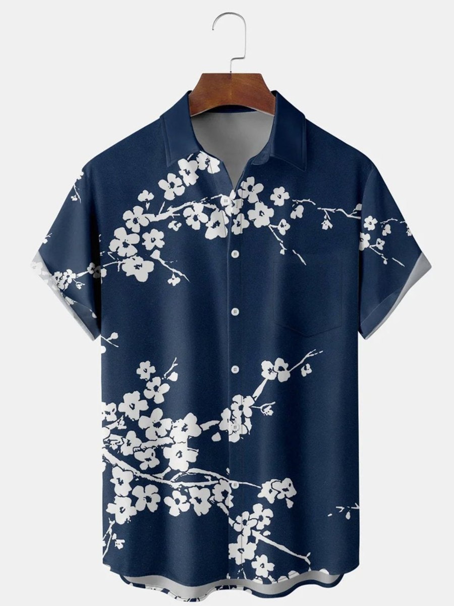 Men HLJ Shirts | Ukiyo-E Plum Chest Pocket Short Sleeve Shirt Dark Blue