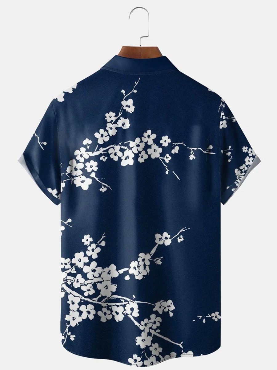 Men HLJ Shirts | Ukiyo-E Plum Chest Pocket Short Sleeve Shirt Dark Blue