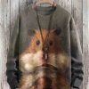 Men DJ Print Sweater | Cute Mouse Print Crew Neck Pullover Sweater Gray