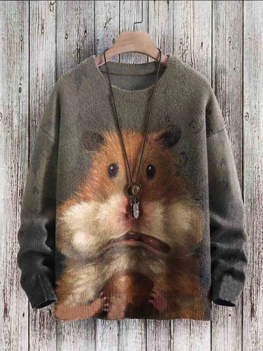 Men DJ Print Sweater | Cute Mouse Print Crew Neck Pullover Sweater Gray