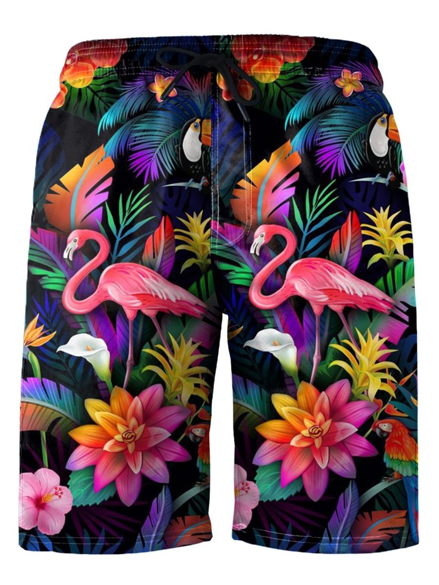 Men HLJ Bottoms | Hawaiian Tropical Flower Flamingo Print Beach Shorts Black