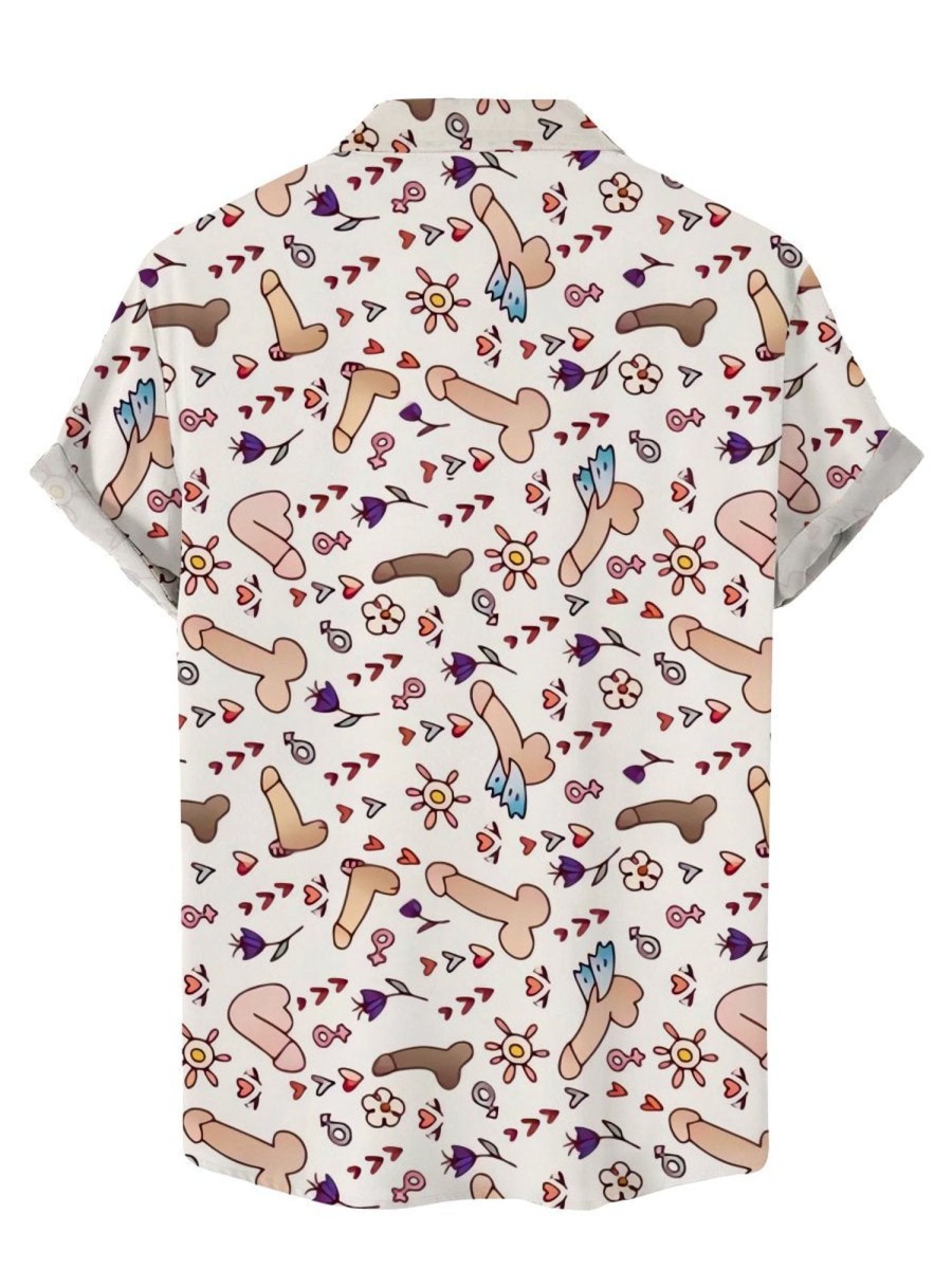 Men DJ Shirts | Fun Cock Graffiti Print Casual Short-Sleeved Shirt White