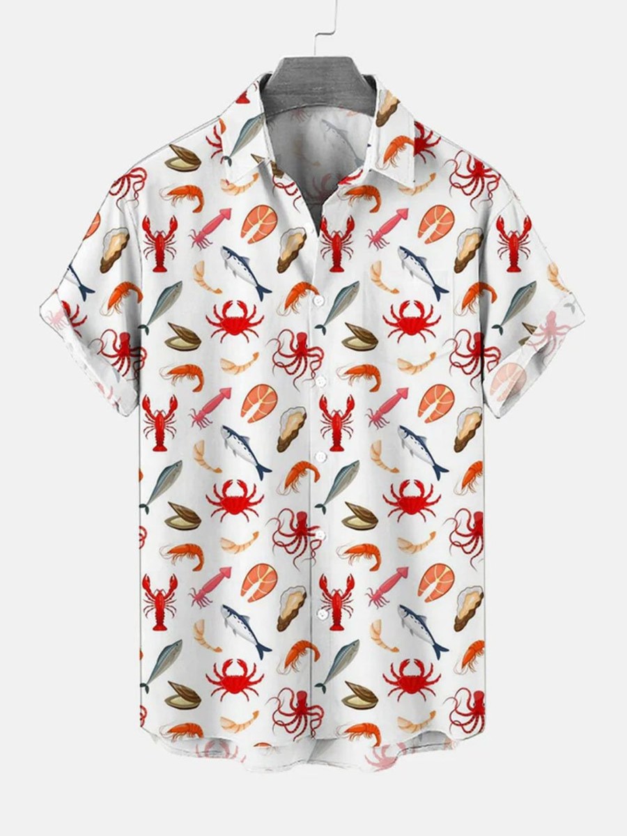 Men DJ Shirts | Hawaiian Sea Life Print Casual Short Sleeve Shirt Photo Color