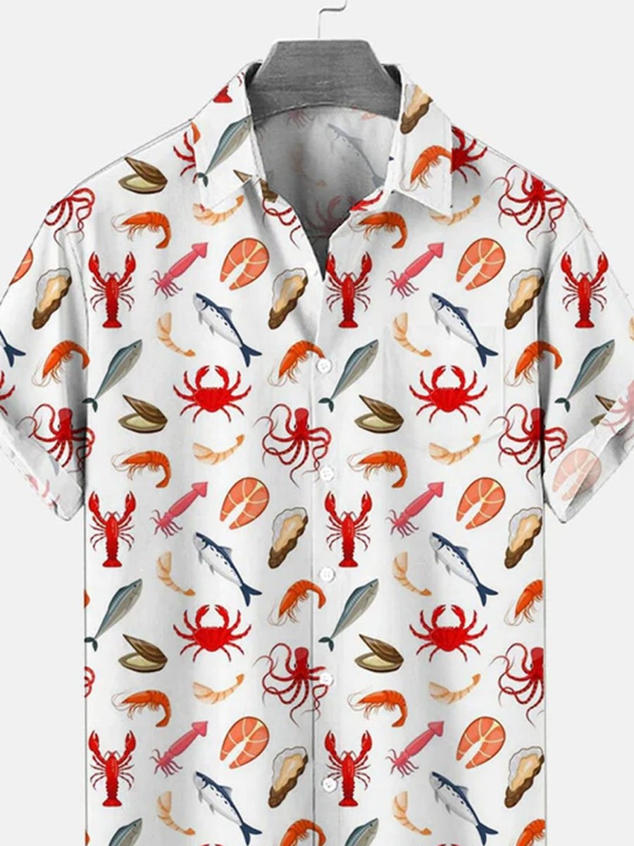 Men DJ Shirts | Hawaiian Sea Life Print Casual Short Sleeve Shirt Photo Color