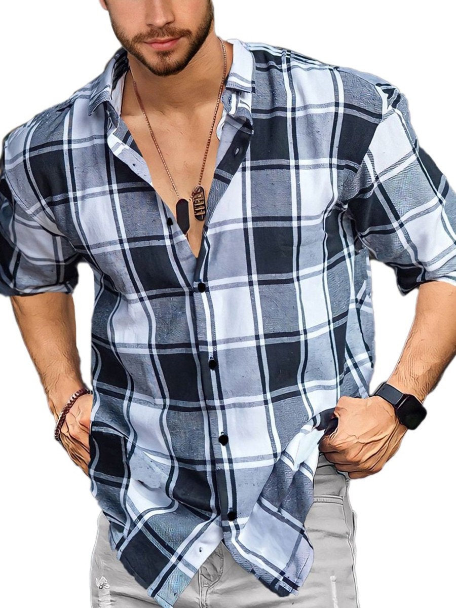 Men QMY Casual Short Sleeve Shirts | Men Checkered Cotton Blend Mid Sleeve Shirt Grey