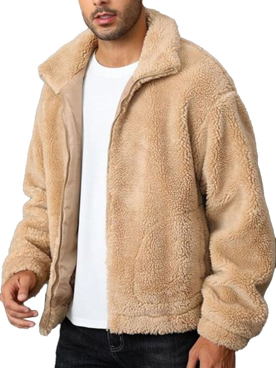 Men DJ Jacket | Lapel Double Pocket Zipped Sherpa Thermal Coat Khaki