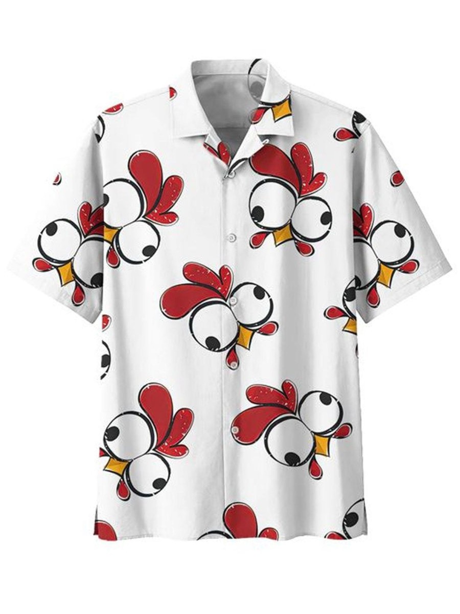 Men DJ Shirts | Chicken Head Print Rest Hawaiian Short Sleeve Shirt White