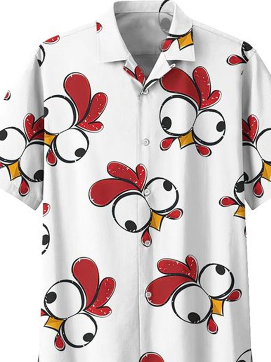 Men DJ Shirts | Chicken Head Print Rest Hawaiian Short Sleeve Shirt White