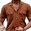 Men QMY Casual Shirts | Men'S Vintage Double Pocket Short Sleeve Shirt Brown