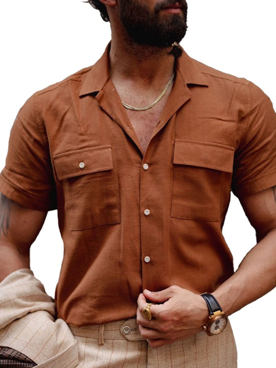 Men QMY Casual Shirts | Men'S Vintage Double Pocket Short Sleeve Shirt Brown