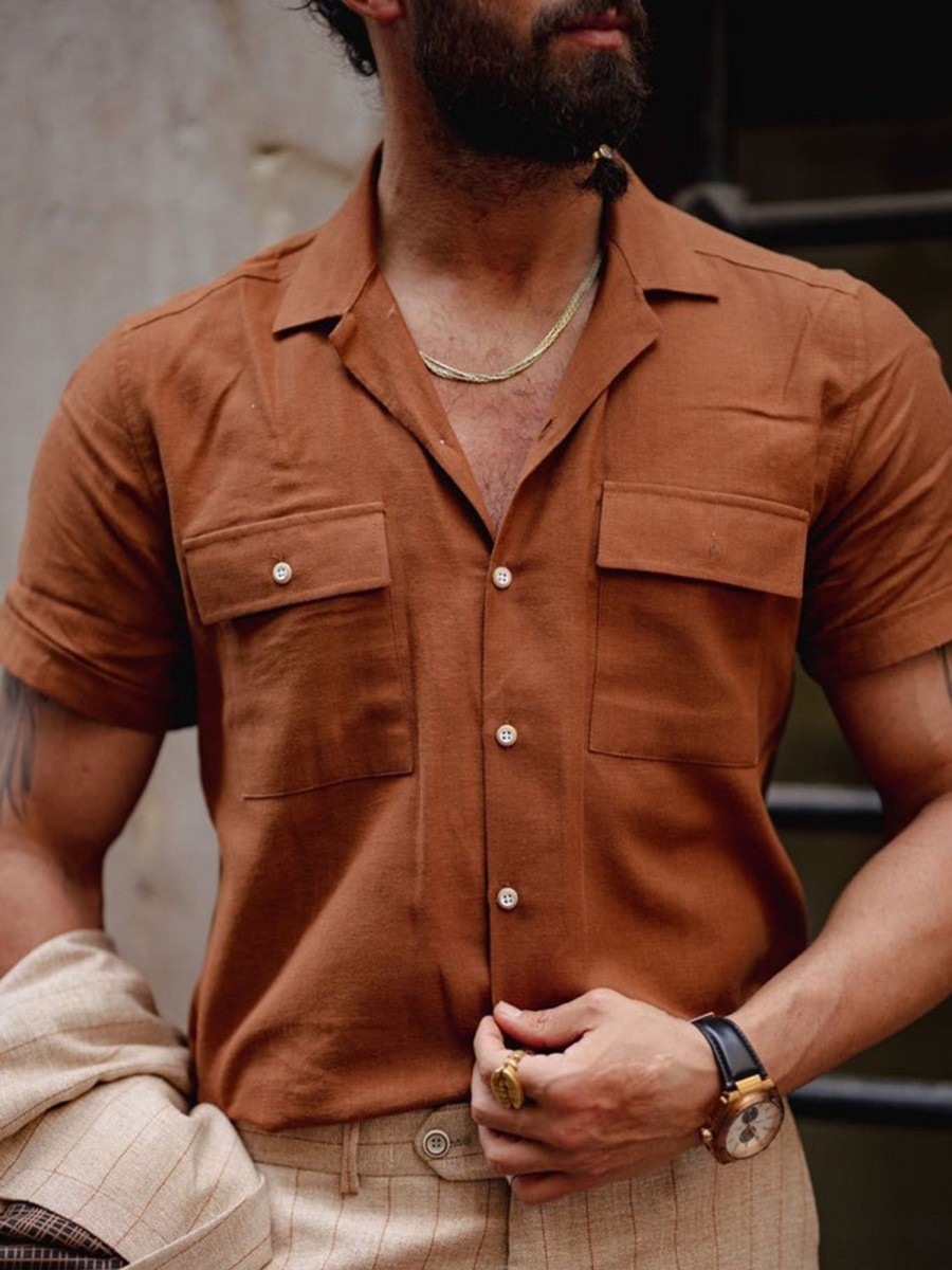 Men QMY Casual Shirts | Men'S Vintage Double Pocket Short Sleeve Shirt Brown