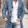 Men DJ Print Jacket | Retro Polka Dot Print Stand Collar Double Pocket Single Breasted Woolen Coat Blue