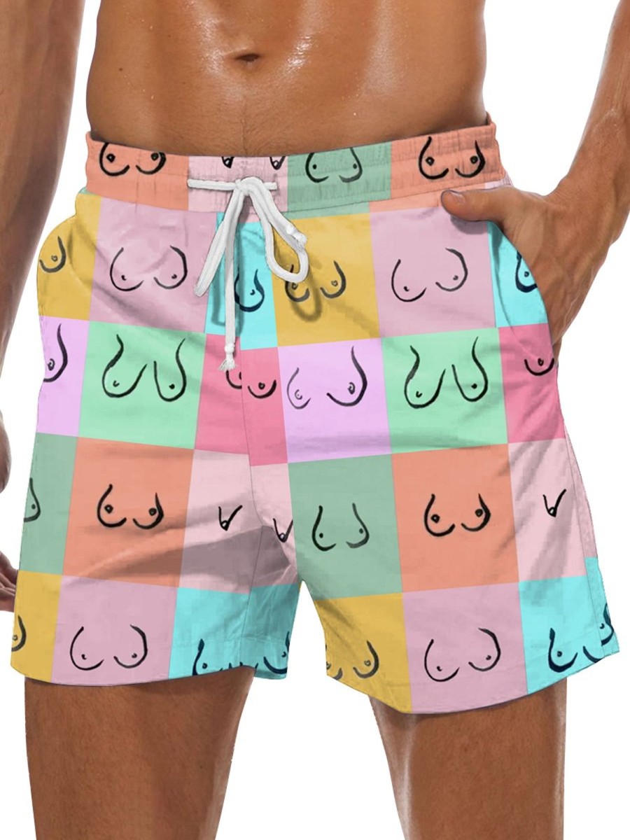 Men DJ Bottoms | Rainbow Plaid And Boobs Print Casual Pocket Shorts Photo Color