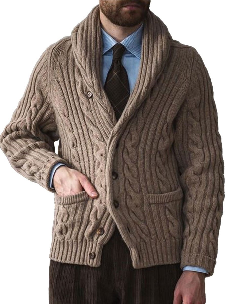 Men BXL Cardigan | Men'S Casual Solid Color Cable Button Pocket Knit Cardigan Camel