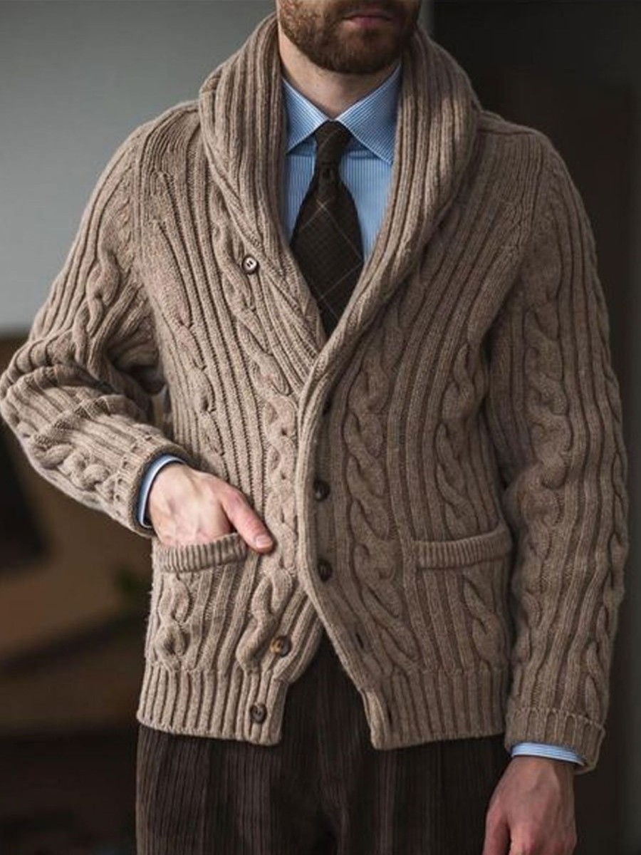 Men BXL Cardigan | Men'S Casual Solid Color Cable Button Pocket Knit Cardigan Camel