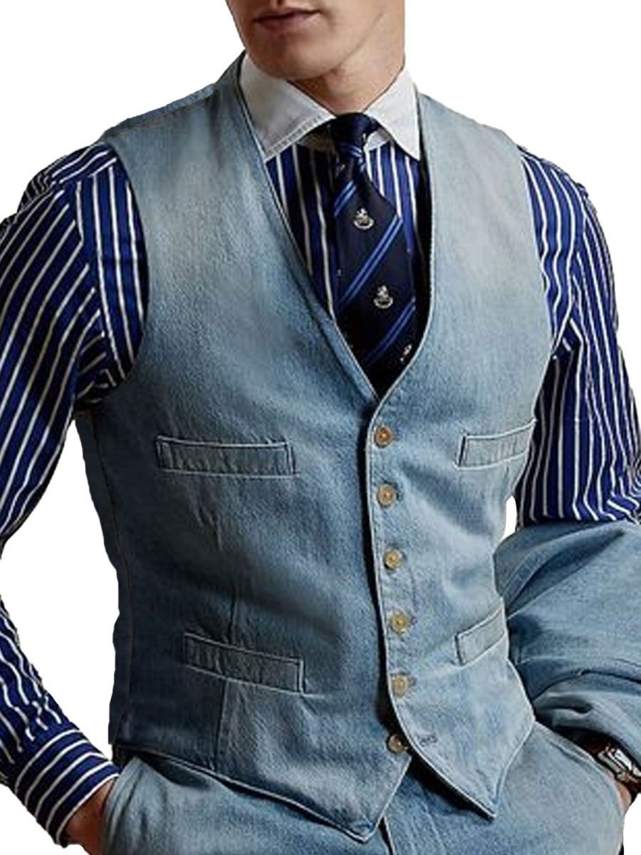 Men BXL Vest | Men'S Retro Multi-Pocket Casual Denim Suit Vest Blue