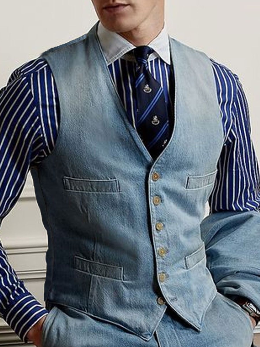 Men BXL Vest | Men'S Retro Multi-Pocket Casual Denim Suit Vest Blue