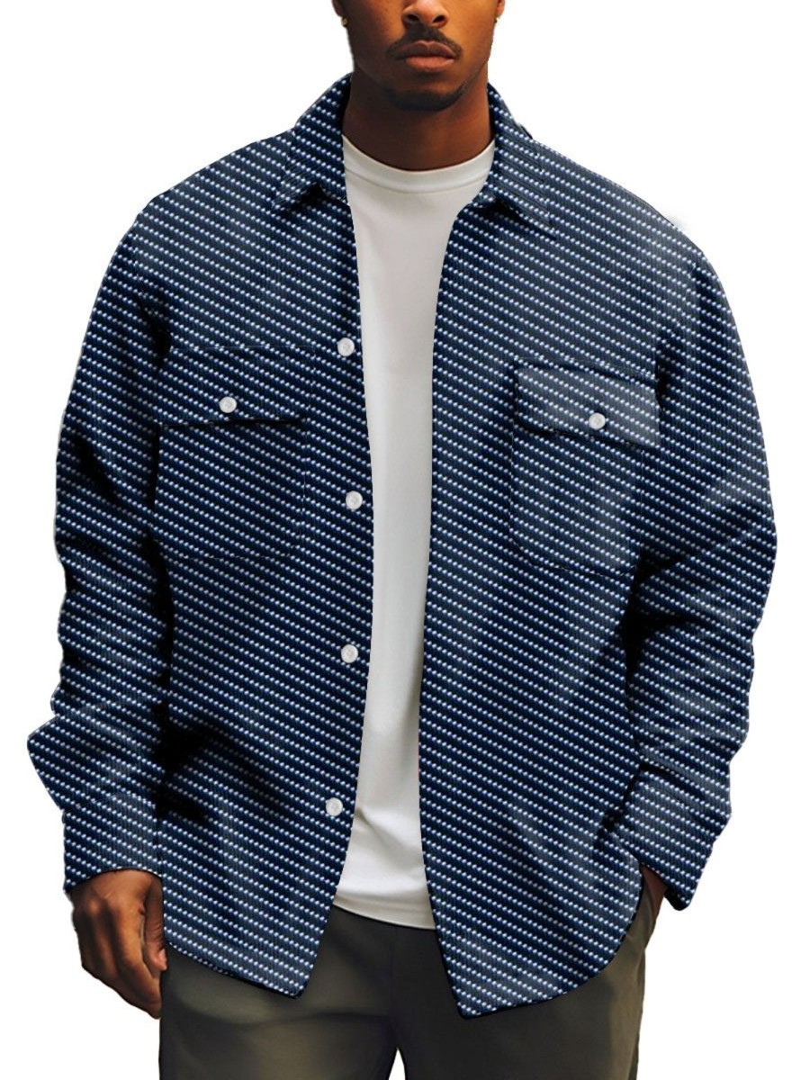 Men DJ Print Jacket | Vintage Twill Print Double Pocket Shirt Jacket Navy