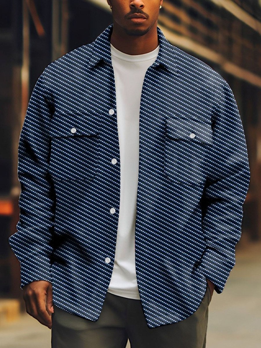 Men DJ Print Jacket | Vintage Twill Print Double Pocket Shirt Jacket Navy