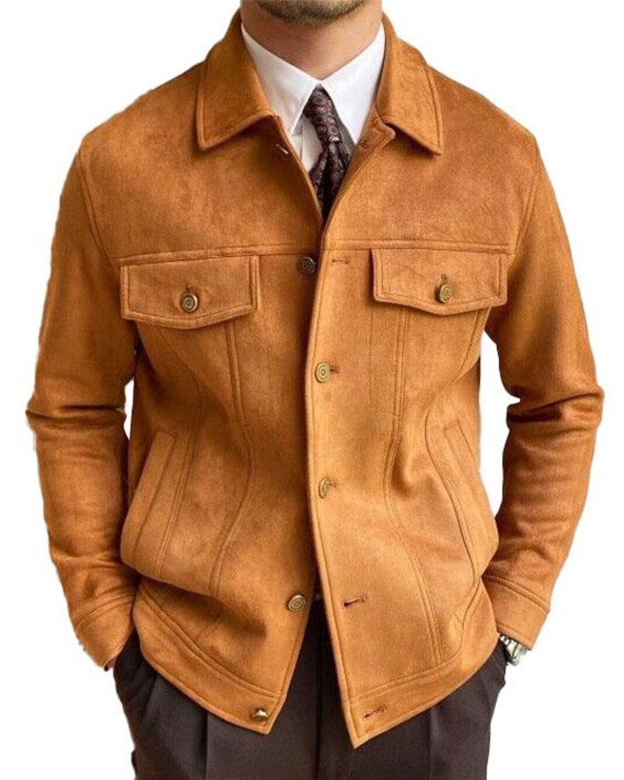 Men DJ Jacket | Multi-Pocket Lapel Solid Suede Casual Jacket Brown