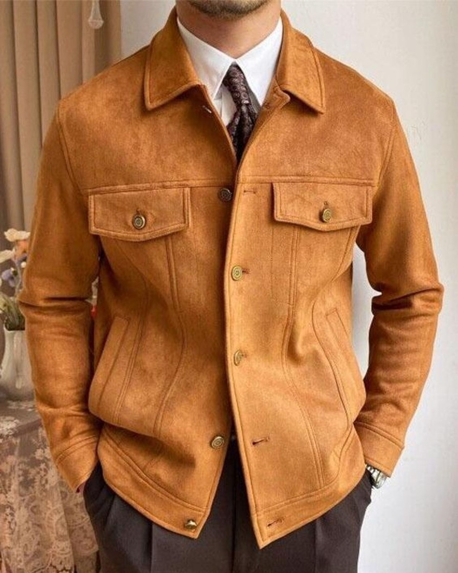 Men DJ Jacket | Multi-Pocket Lapel Solid Suede Casual Jacket Brown