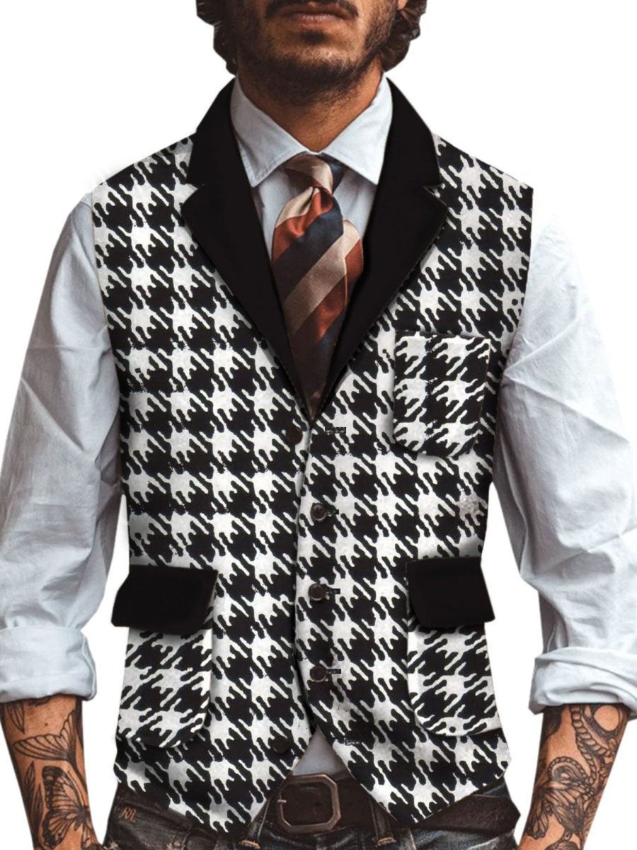 Men BXL Vest | Men'S Houndstooth Print Casual Multi-Pocket Vest Black