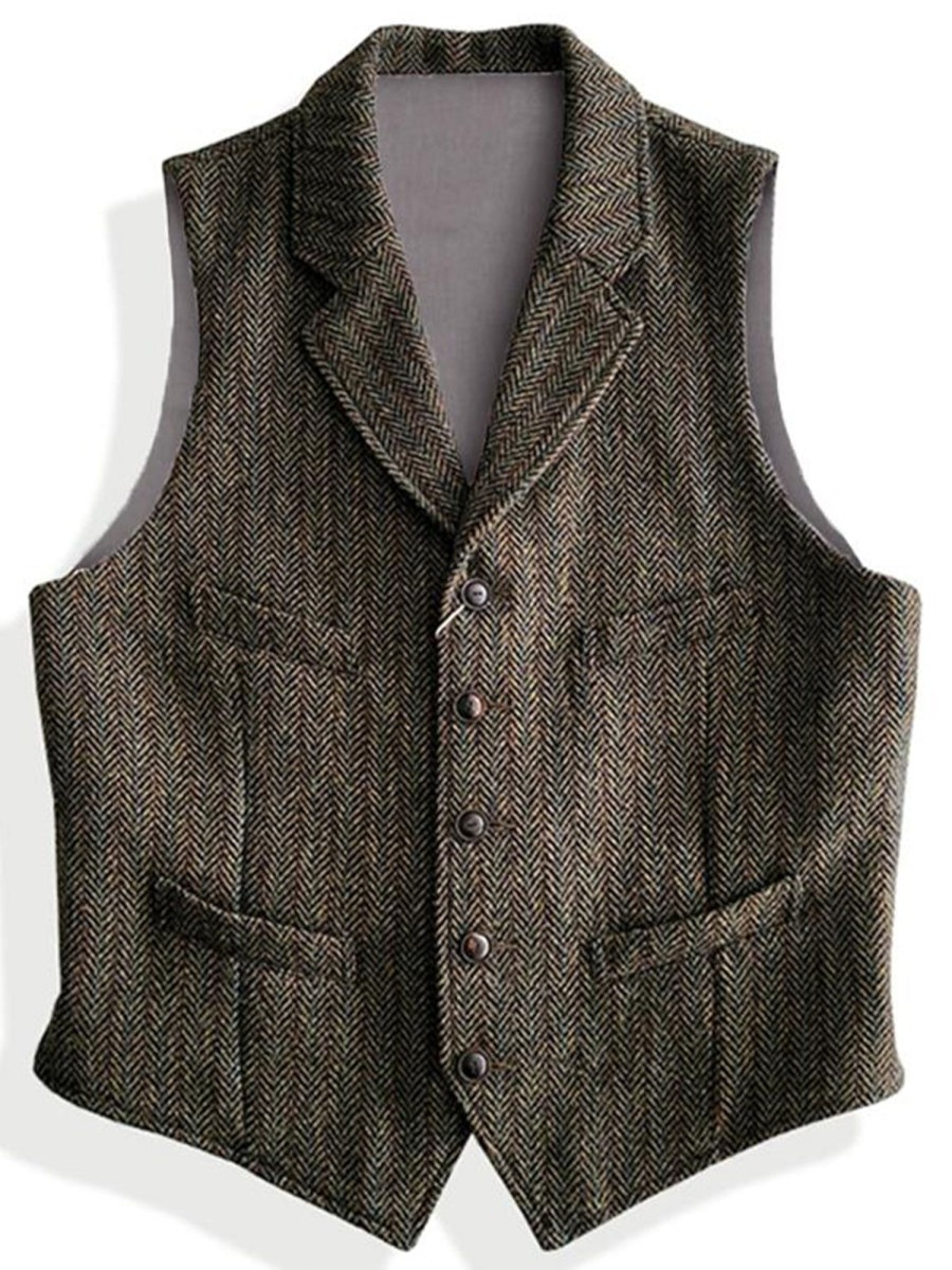 Men QMY Vest | Retro Elegant Lapel Herringbone Vest Brown