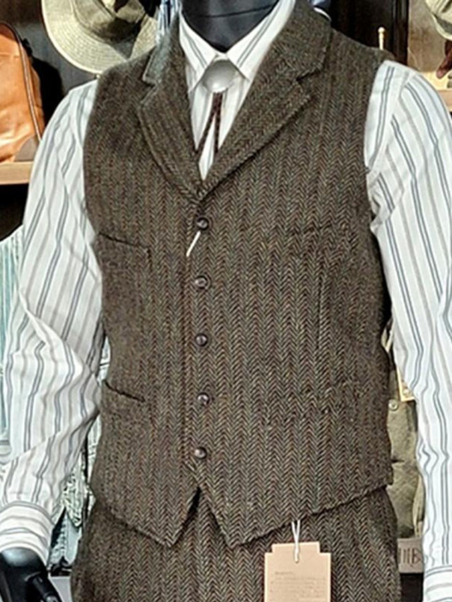 Men QMY Vest | Retro Elegant Lapel Herringbone Vest Brown