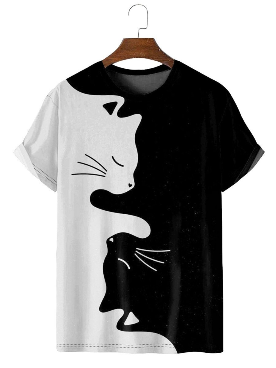 Men HLJ T-Shirts | Cat Casual Short Sleeve T-Shirt Black And White