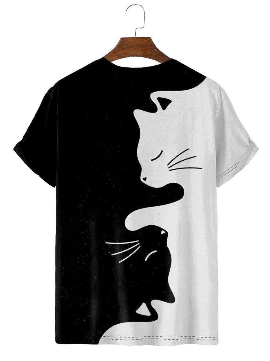 Men HLJ T-Shirts | Cat Casual Short Sleeve T-Shirt Black And White