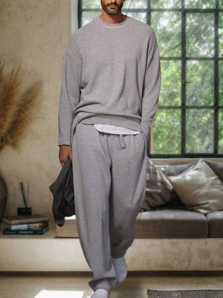 Men BXL Set | Men'S Casual Loose Pullover Elastic Waist Pants Knitted Suit Gray