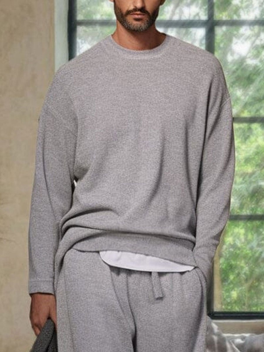 Men BXL Set | Men'S Casual Loose Pullover Elastic Waist Pants Knitted Suit Gray