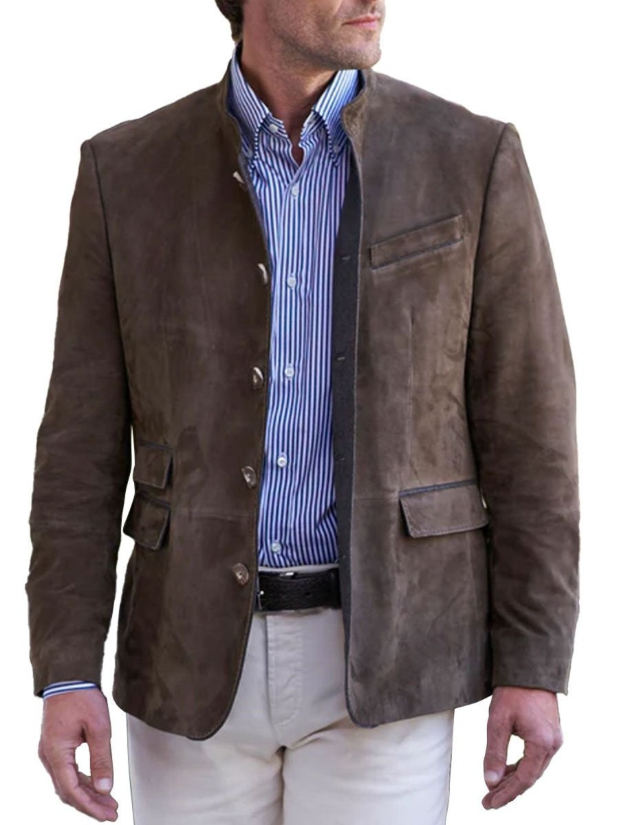 Men DJ Jacket | Solid Color Stand Collar Suede Multi-Pocket Casual Blazer Brown