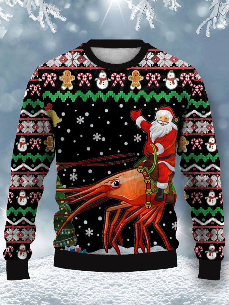 Men DJ Ugly Sweater | Santa Claus Riding A Lobster Print Crew Neck Sweatshirt Photo Color