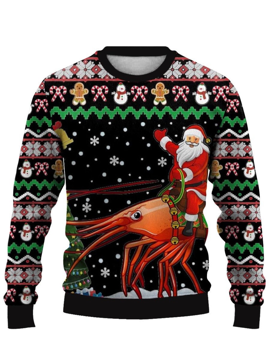 Men DJ Ugly Sweater | Santa Claus Riding A Lobster Print Crew Neck Sweatshirt Photo Color