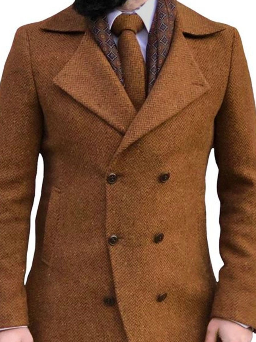 Men DJ Jacket | Lapel Double Pocket Double Breasted Casual Woolen Blazer Brown