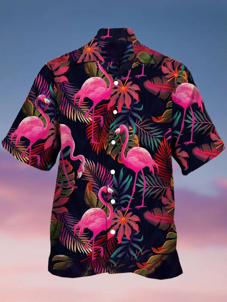 Men HLJ Shirts | Men'S Botanical Flamingo Print Casual Short Sleeve Hawaiian Shirt Photo Color