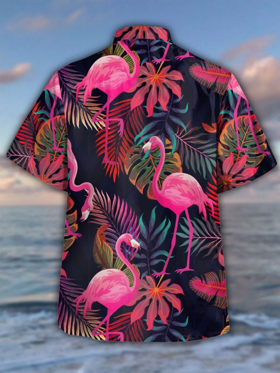 Men HLJ Shirts | Men'S Botanical Flamingo Print Casual Short Sleeve Hawaiian Shirt Photo Color