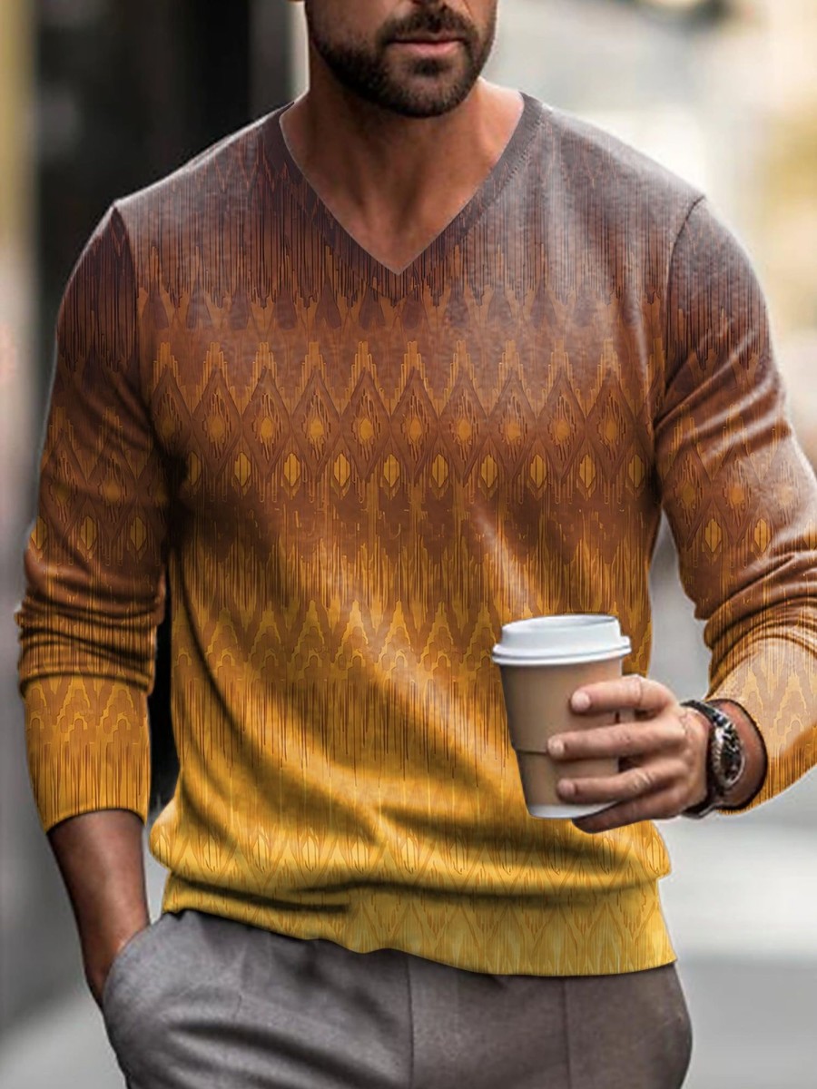 Men GYJ Print Sweater | Textured Gradient Striped Print V-Neck Knitted Sweater Yellow