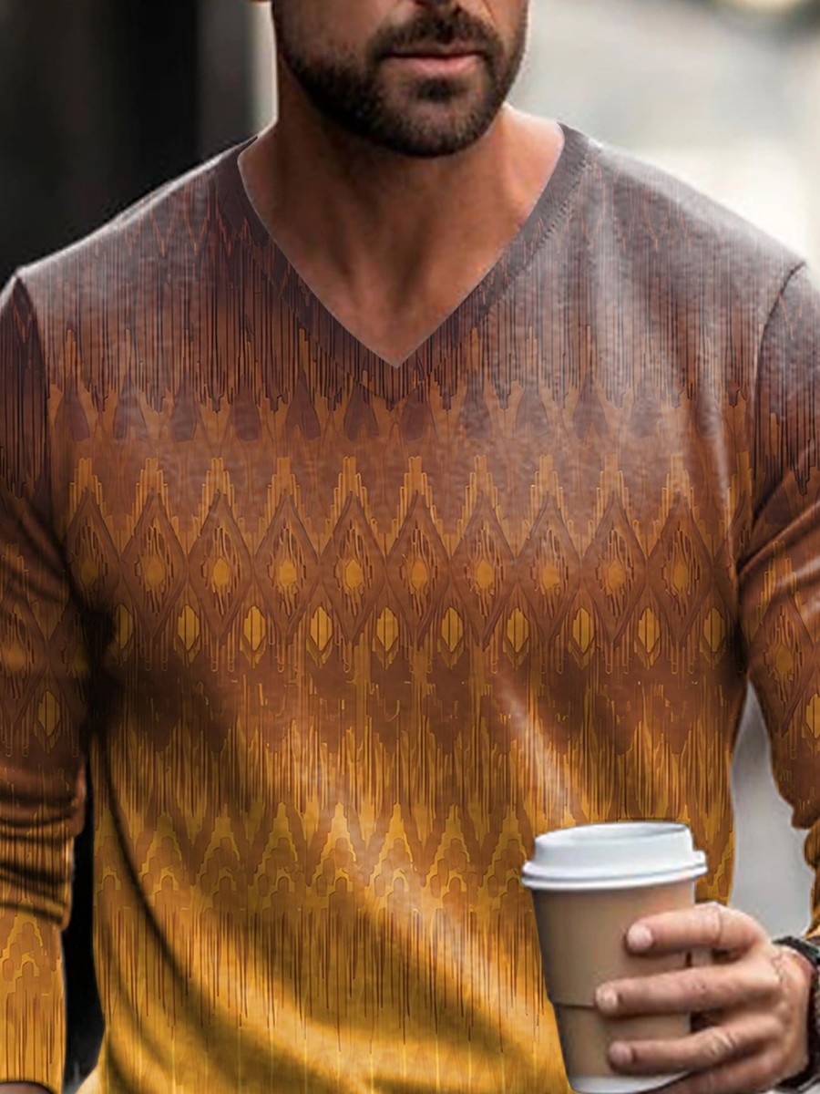 Men GYJ Print Sweater | Textured Gradient Striped Print V-Neck Knitted Sweater Yellow