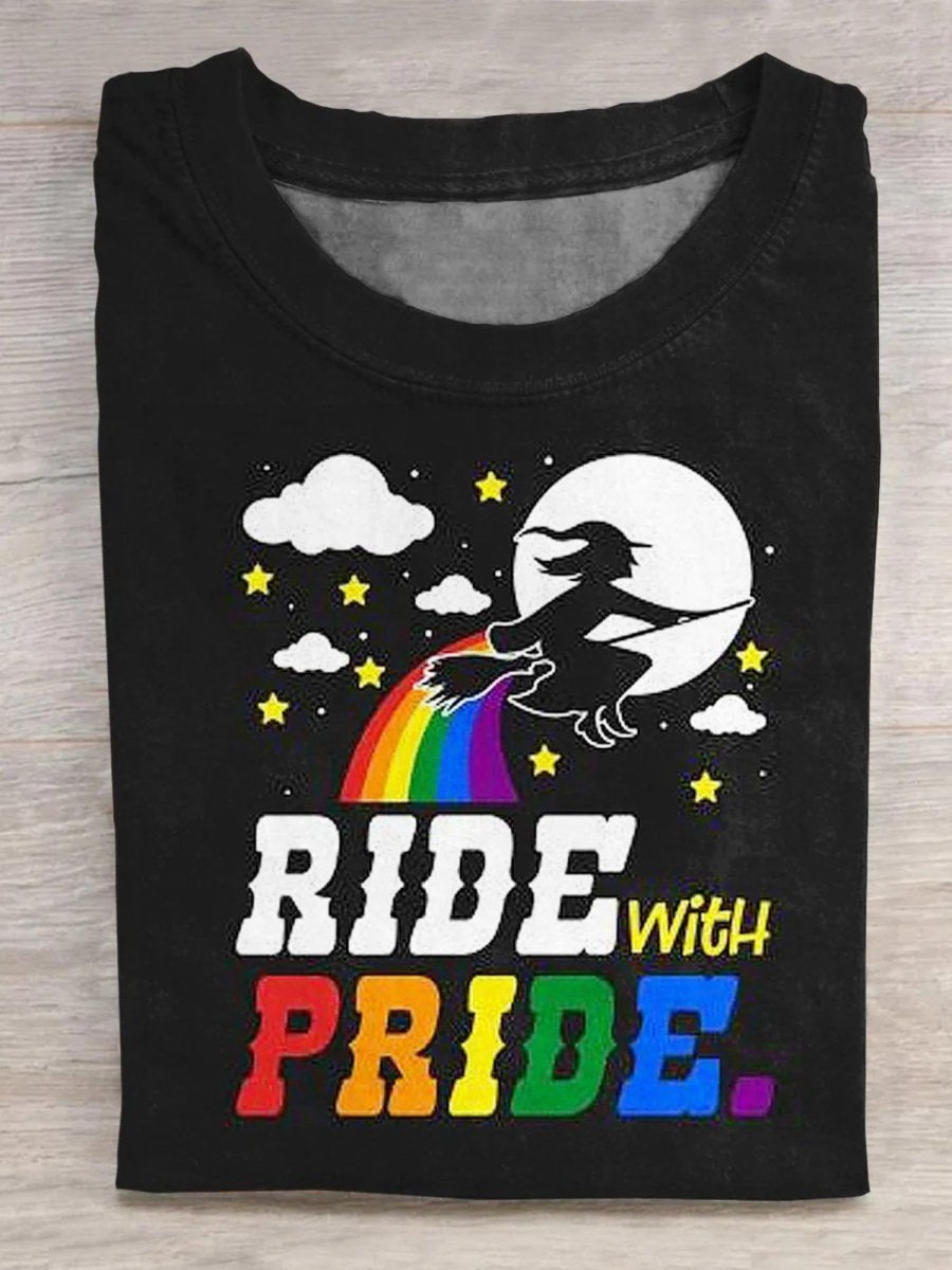 Men DJ T-Shirts | Lgbt Rainbow Halloween Witch Ride With Pride Art Print Pattern Stylish T-Shirt Black