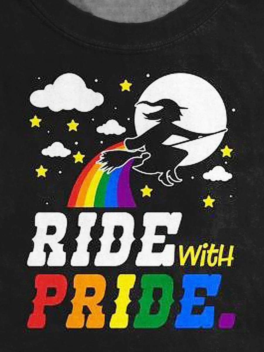 Men DJ T-Shirts | Lgbt Rainbow Halloween Witch Ride With Pride Art Print Pattern Stylish T-Shirt Black