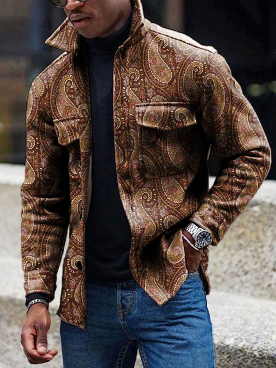 Men DJ Jacket | Retro Cashew Print Corduroy Lapel Pocket Jacket Brown