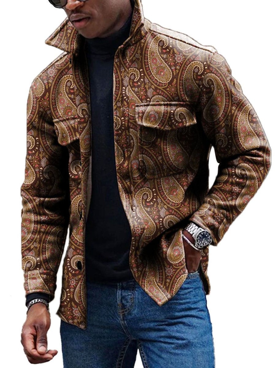 Men DJ Jacket | Retro Cashew Print Corduroy Lapel Pocket Jacket Brown