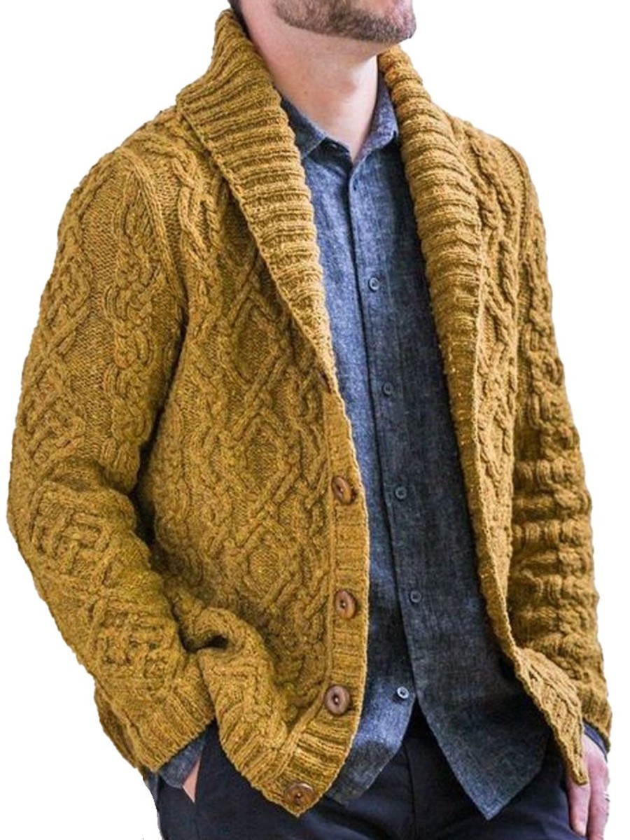 Men DJ Cardigan | Lapel Double Pocket Solid Jacquard Knit Cardigan Yellow