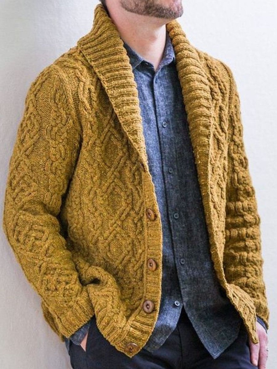 Men DJ Cardigan | Lapel Double Pocket Solid Jacquard Knit Cardigan Yellow