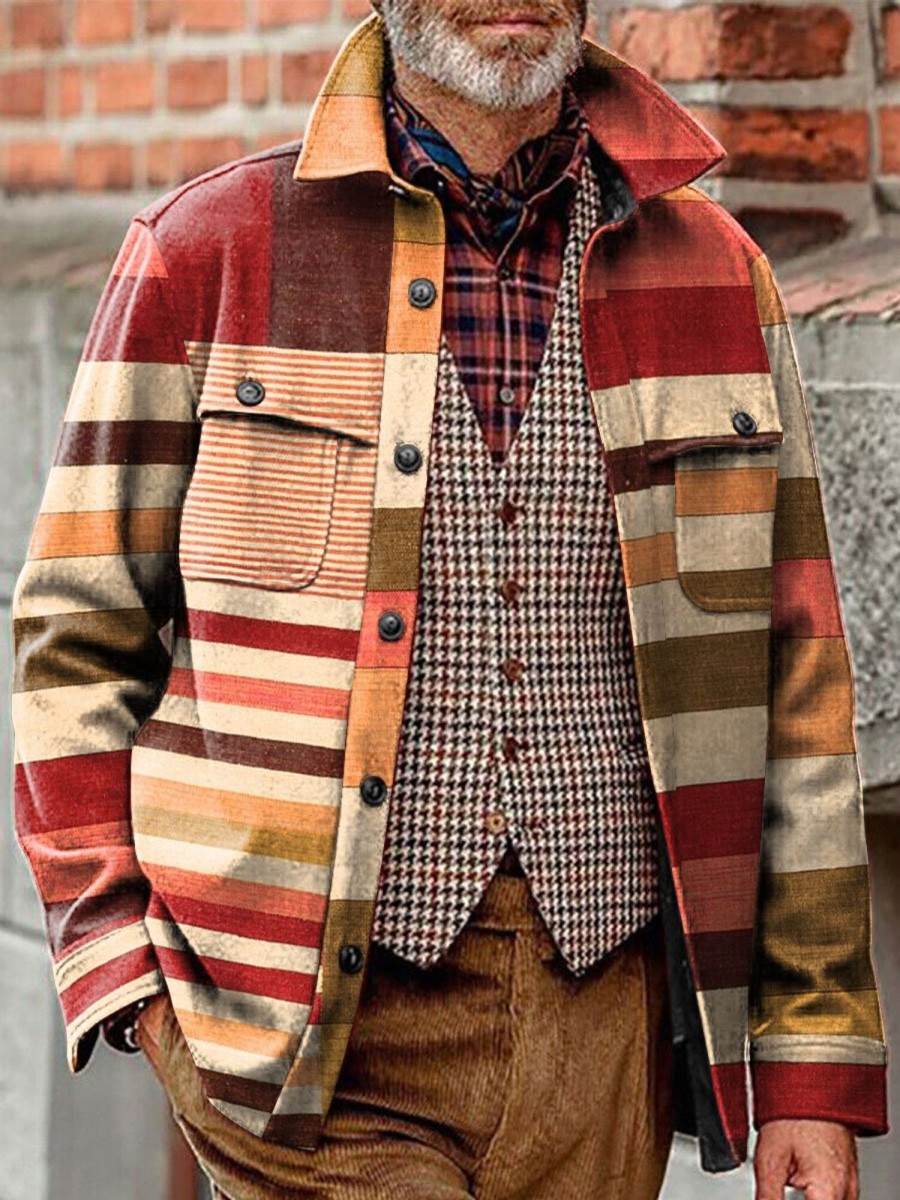 Men BXL Jacket | Men'S Casual Lapel Geometric Color Block Print Double Pocket Jacket 83283172Xl Orange